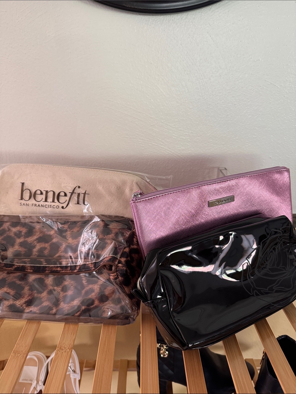 Benefit Pink Metallic Cosmetic Pouch and Black Glossy Makeup Bag Set